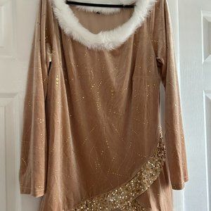 Women's Tee Velvet Gold w/Striped Sparkly Gold Sequins Long Sleeve Fur Collar